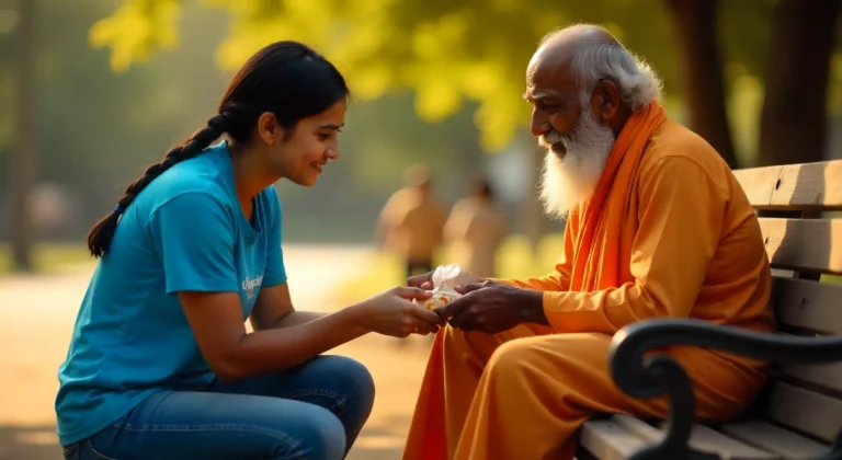 udayan-welfare-volunteer-helping-an-old-man-by-giving-food